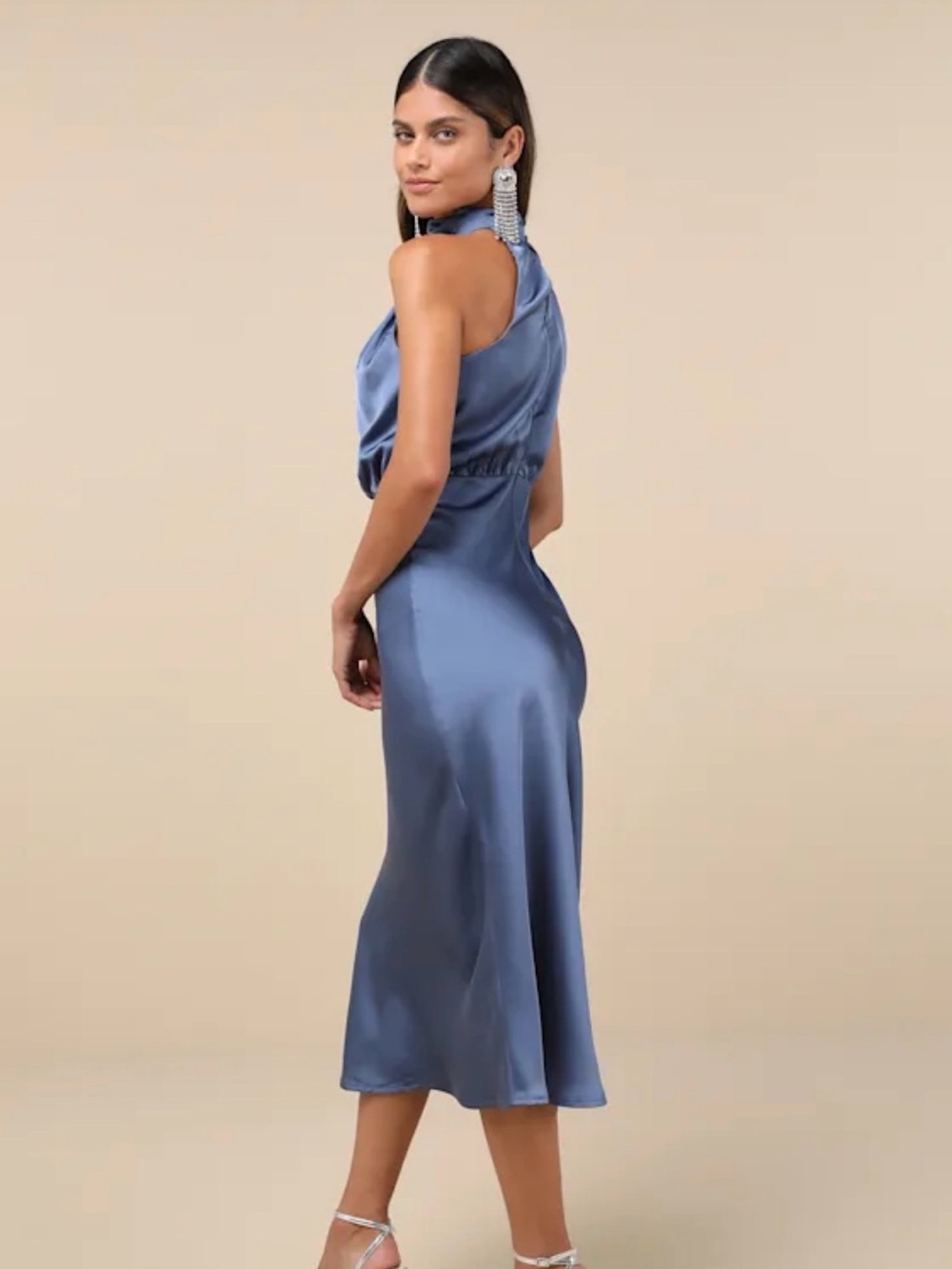 Lulus Distinctive Charm Slate Blue Satin Asymmetrical Midi Dress - Picture 3 of 8